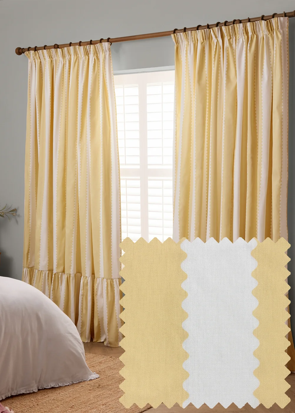 Wylder Birdie Stripe Ruffle Butter Yellow Pencil Pleat Curtain Pair - 46W X 54D (117x137cm Image 1