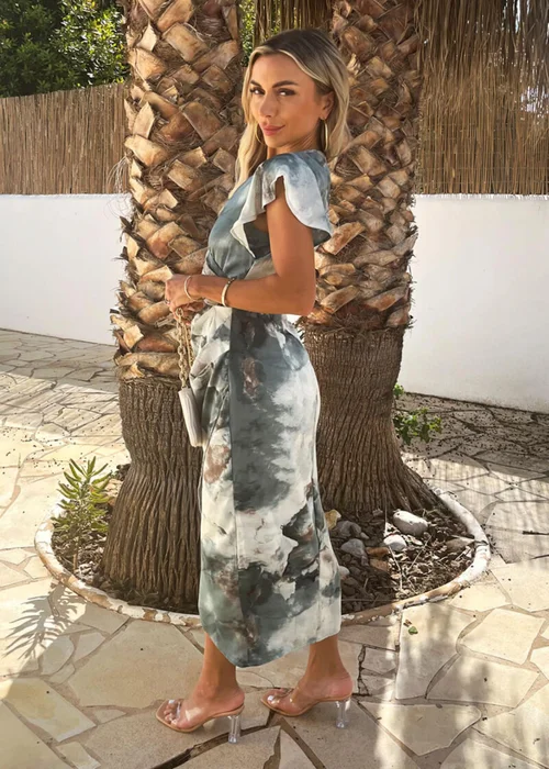 AX Paris Duck Egg Marble Print Flutter Sleeve Wrap Midi Dress - 12 Image 4