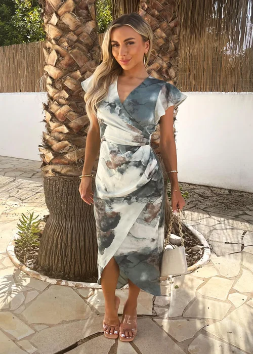 AX Paris Duck Egg Marble Print Flutter Sleeve Wrap Midi Dress - 12 Image 2