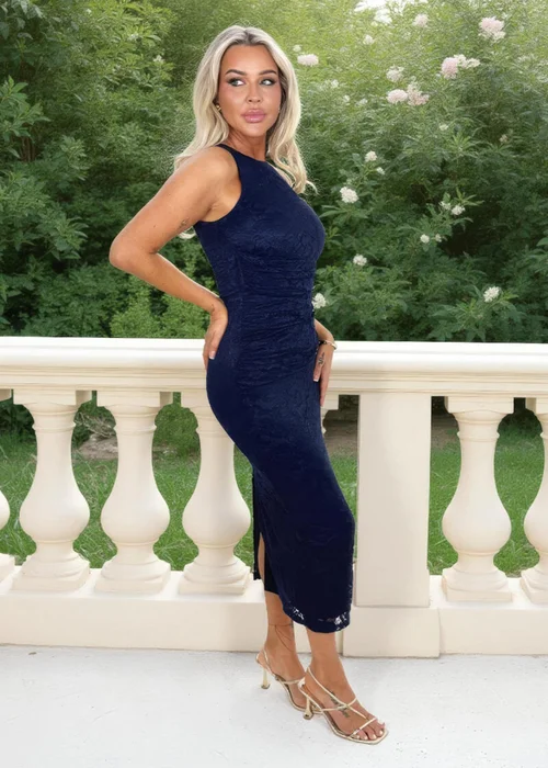 AX Paris Navy Lace Racer Neck Ruched Waist Midi Dress - 10 Image 4