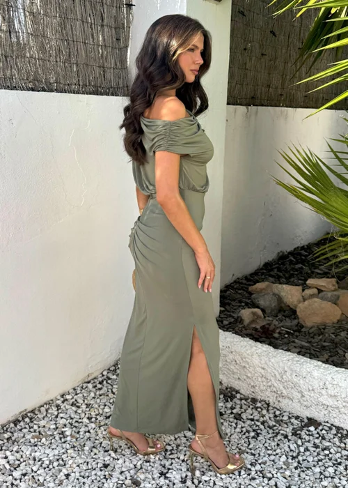 AX Paris Light Khaki Off The Shoulder Double Split Midi Dress - 8 Image 4