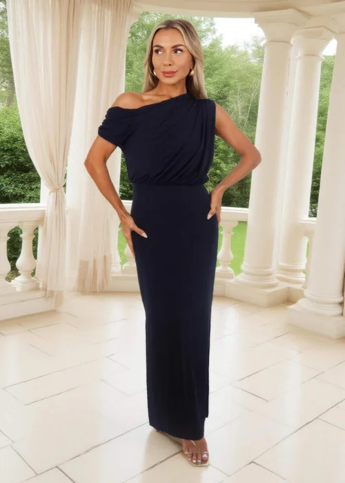 AX Paris Navy Off The Shoulder Double Split Midi Dress - 8 Image 3