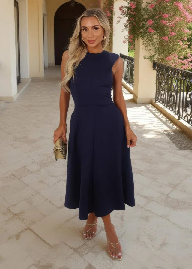 AX Paris Navy Round Neck A-line Skirt Midi Dress