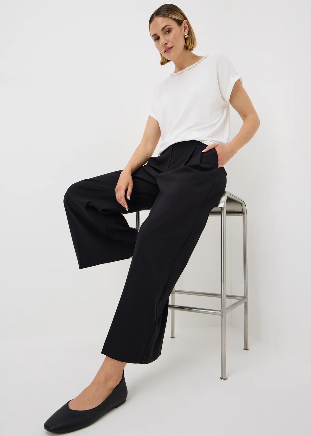 White Embellished Neck Trim T-Shirt - 8 Image 3