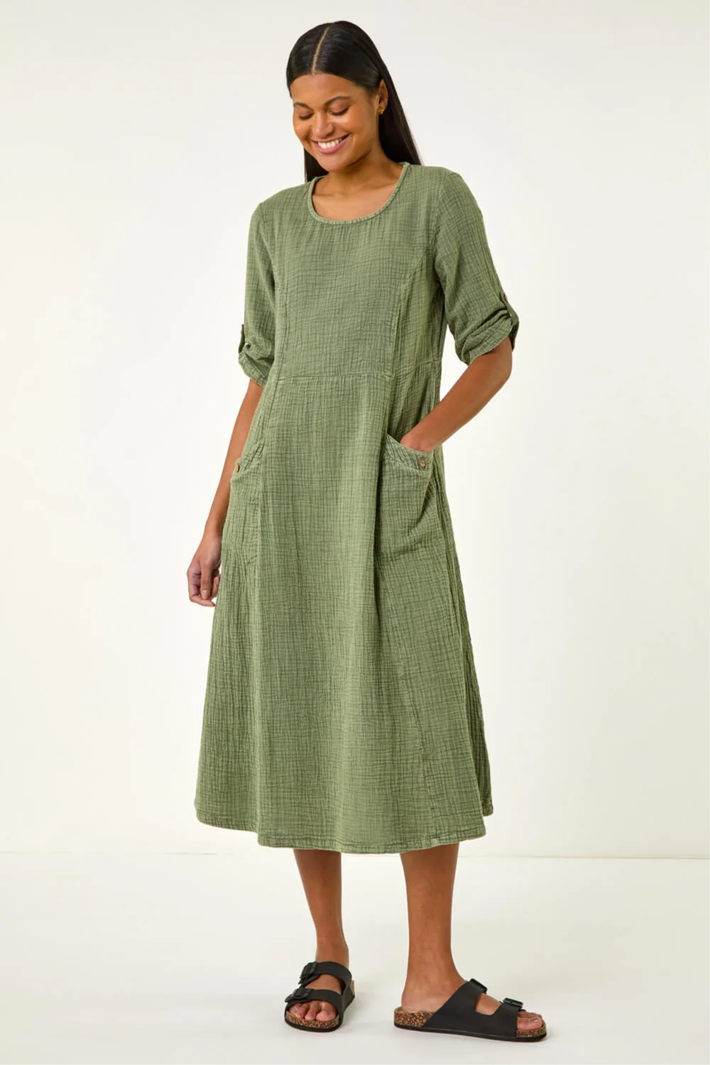 Roman Khaki Textured A-Line Midi Dress - 14 Image 1