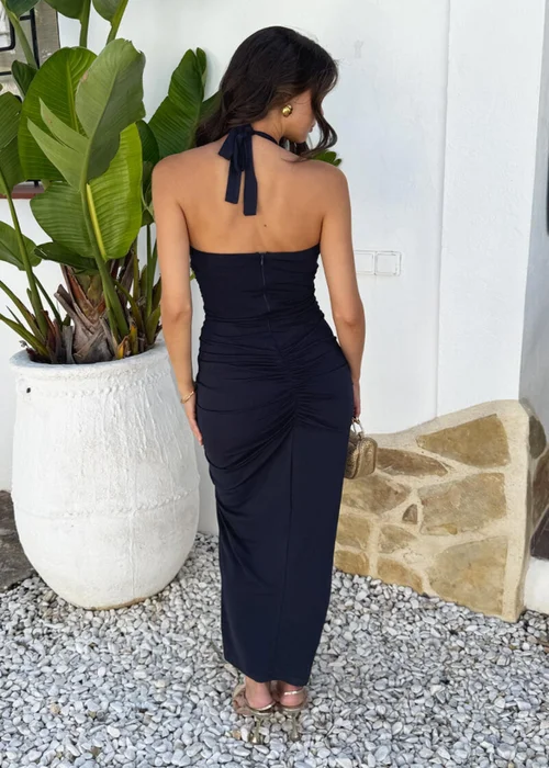 AX Paris Navy Tie Halter Neck Ruched Side Midi Dress - 16 Image 5