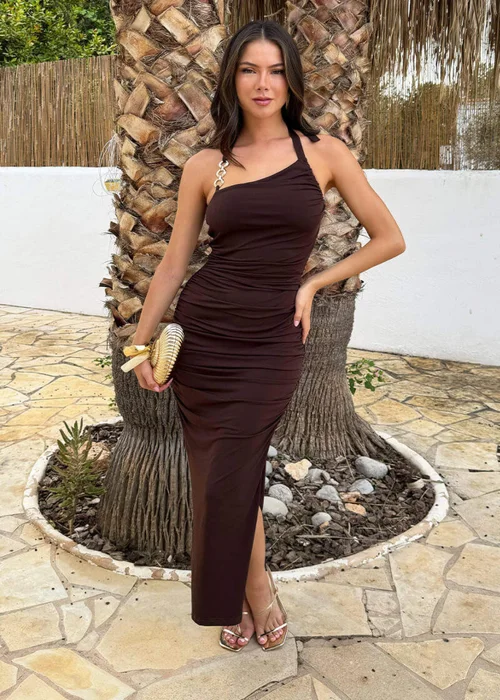 AX Paris Chocolate Asymmetric Tie Halter Neck Ring Detail Midi Dress - 10 Image 3