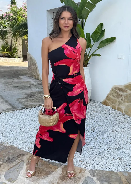 AX Paris Black & Coral Red Floral Print One Shoulder O-Ring Midi Dress - 14 Image 2