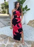 AX Paris Black & Coral Red Floral Print One Shoulder O-Ring Midi Dress - 14 Image 1