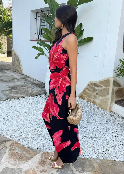 AX Paris Black & Coral Red Floral Print One Shoulder O-Ring Midi Dress - 14 Image 4