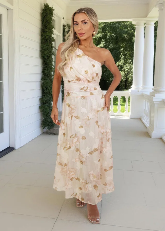 AX Paris Blush Floral Embroidered Chiffon One Shoulder Midi Dress