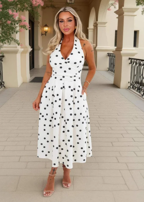 AX Paris Cream & Black Polka Dot Tie Halter Neck Midi Dress - 18 Image 1