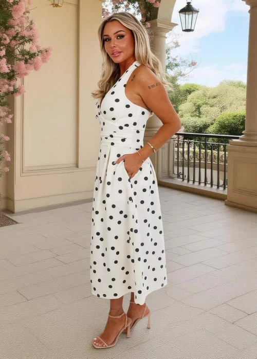 AX Paris Cream & Black Polka Dot Tie Halter Neck Midi Dress - 18 Image 5