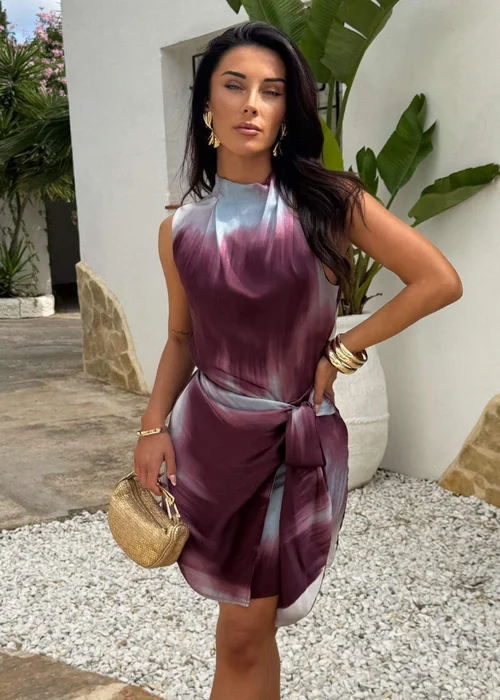 AX Paris Purple Smudge Print Asymmetric Neck Tie Waist Mini Dress - 10 Image 3