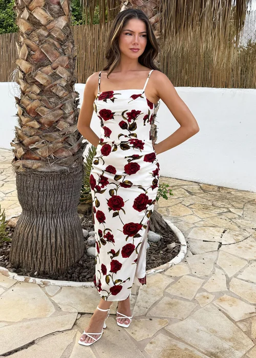 AX Paris Cream Rose Printed Ruched Side Strappy Midi Dress - 12 Image 2