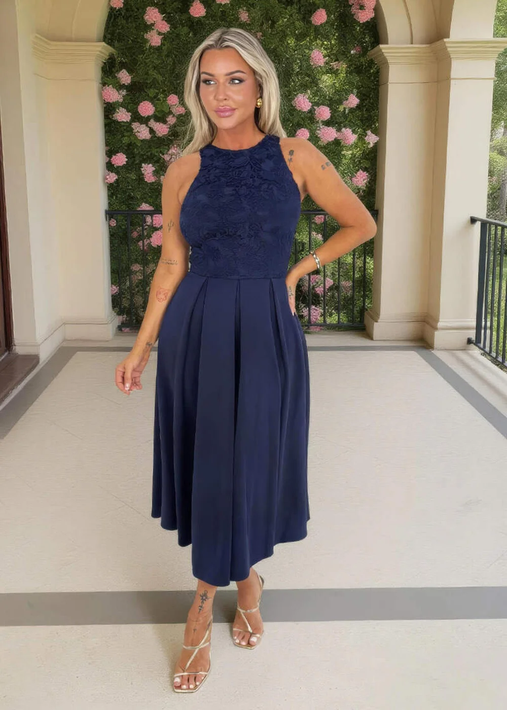 AX Paris Navy Embroidered Top Overlay A-Line Skirt Midi Dress - 16 Image 2