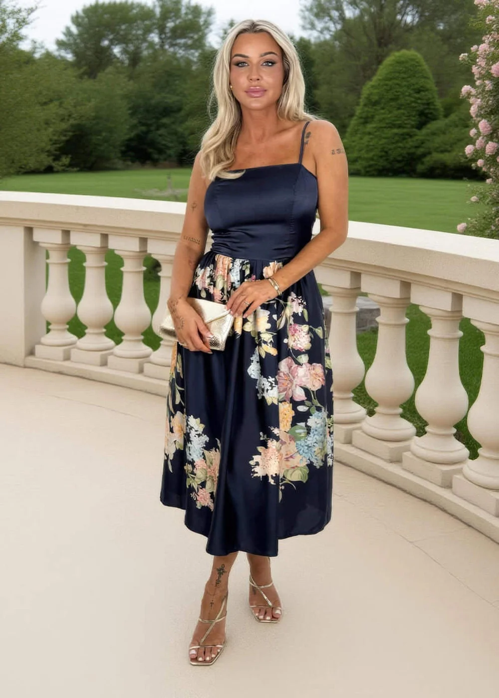 AX Paris Navy Floral Print Detail Strappy Midi Dress - 8 Image 1