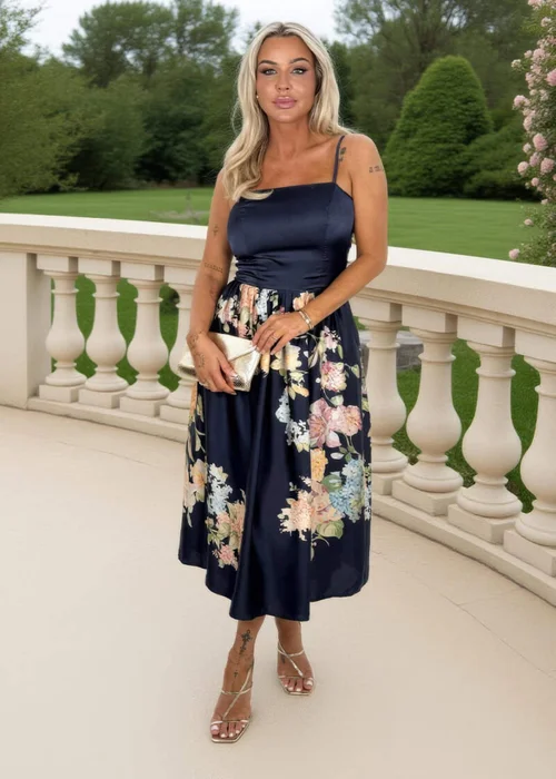 AX Paris Navy Floral Print Detail Strappy Midi Dress - 8 Image 1