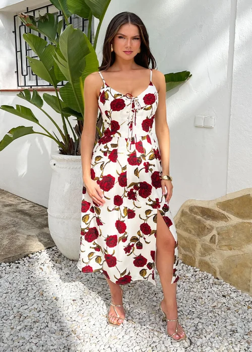 AX Paris Cream Rose Printed Lace-Up Front Strappy Midi Dress - 16 Image 3