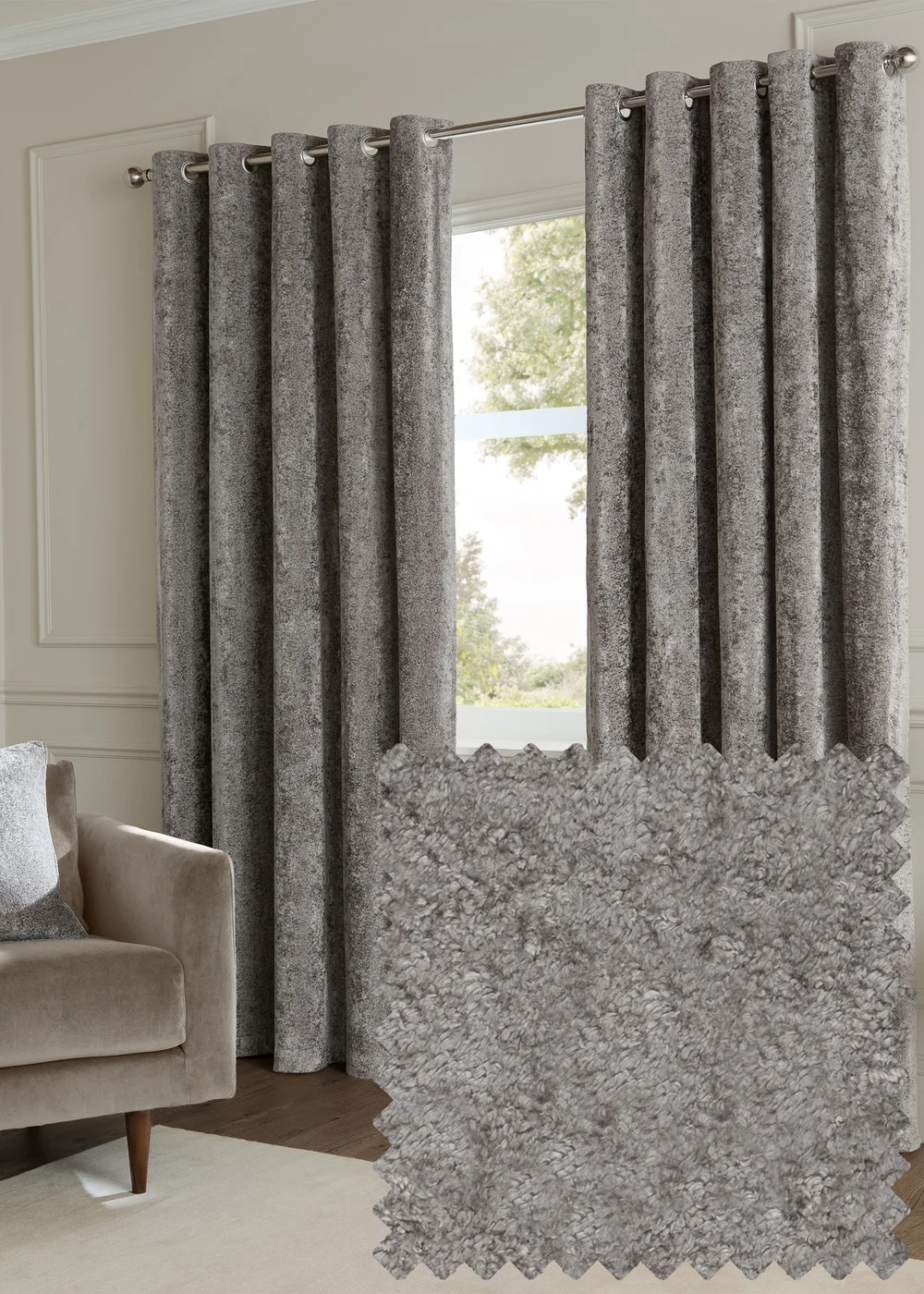 Paoletti Lustre Velvet Room Darkening Pewter Eyelet Curtain Pair - 46W X 54D (117x137cm Image 1