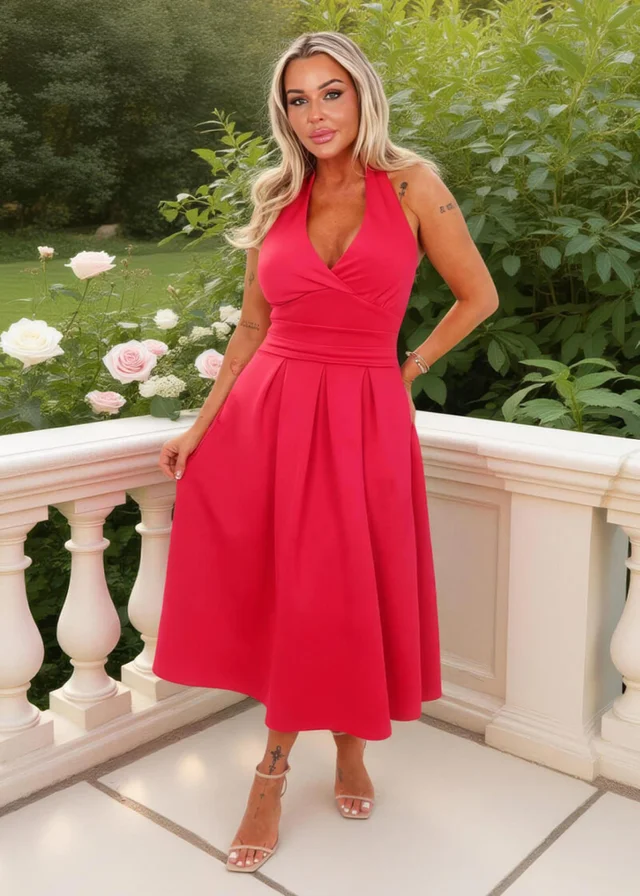 AX Paris Magenta Tie Halter Neck Midi Dress