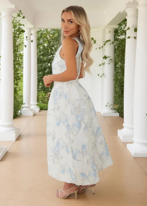 AX Paris Ice Blue Floral Jacquard Racer Neck A-Line Midi Dress - 8 Image 4