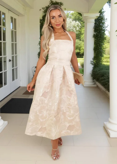 AX Paris Blush Floral Jacquard Tie Neck A-Line Midi Dress - 10 Image 2