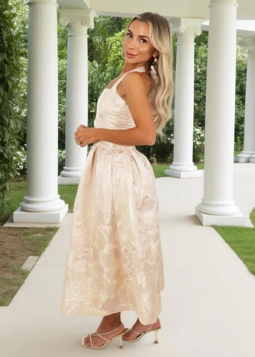 AX Paris Blush Floral Jacquard Tie Neck A-Line Midi Dress - 10 Image 4