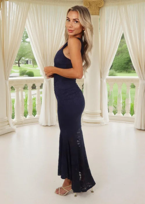 AX Paris Navy Lace Ruched Detail Fishtail Midi Dress - 8 Image 4