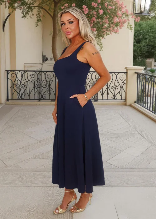 AX Paris Navy Square Neck A-line Midi Dress - 10 Image 4