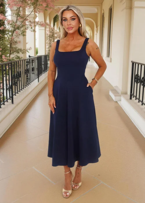AX Paris Navy Square Neck A-line Midi Dress - 10 Image 3