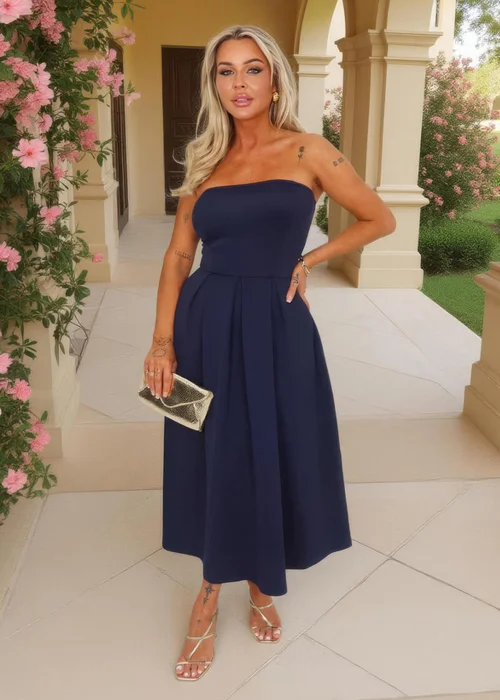 AX Paris Navy Bandeau A-Line Skirt Midi Dress - 12 Image 3