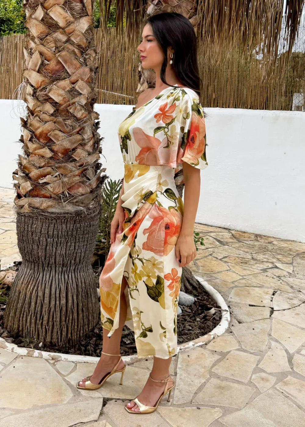 AX Paris Cream Floral Print One Sleeve Wrap Skirt Midi Dress - 10 Image 4