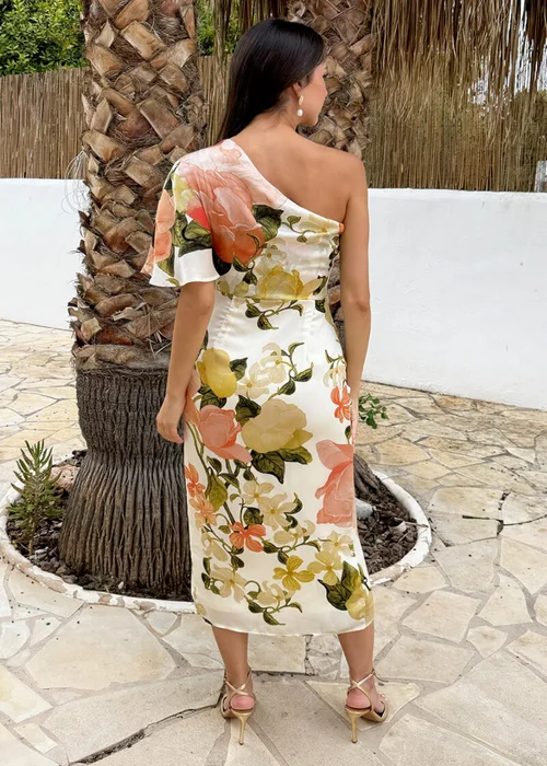 AX Paris Cream Floral Print One Sleeve Wrap Skirt Midi Dress - 10 Image 5