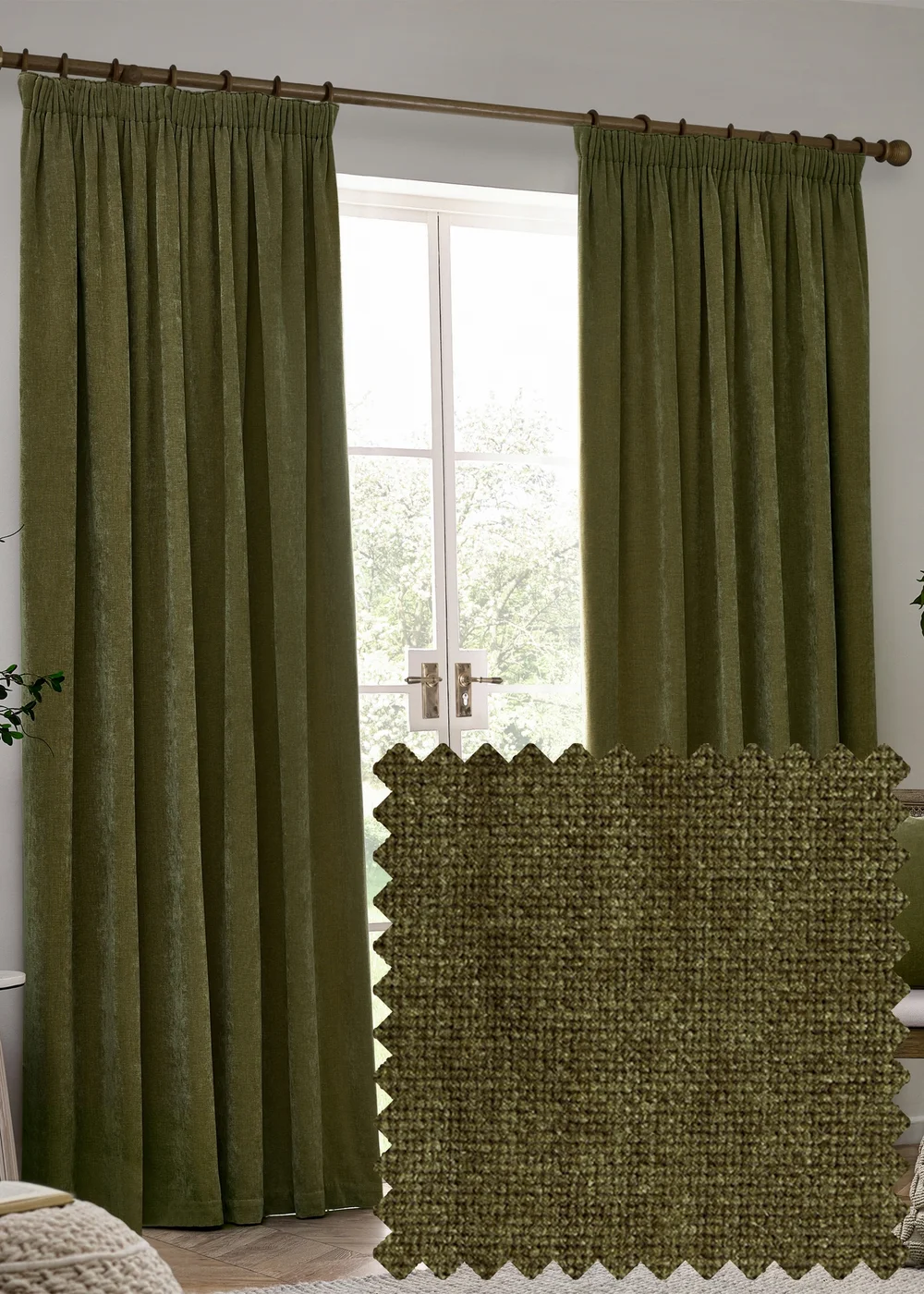 Yard Heavy Chenille Blackout Olive Pencil Pleat Curtain Pair - 46W X 54D (117x137cm Image 1