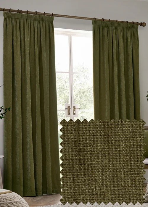 Yard Heavy Chenille Blackout Olive Pencil Pleat Curtain Pair - 46W X 54D (117x137cm Image 1