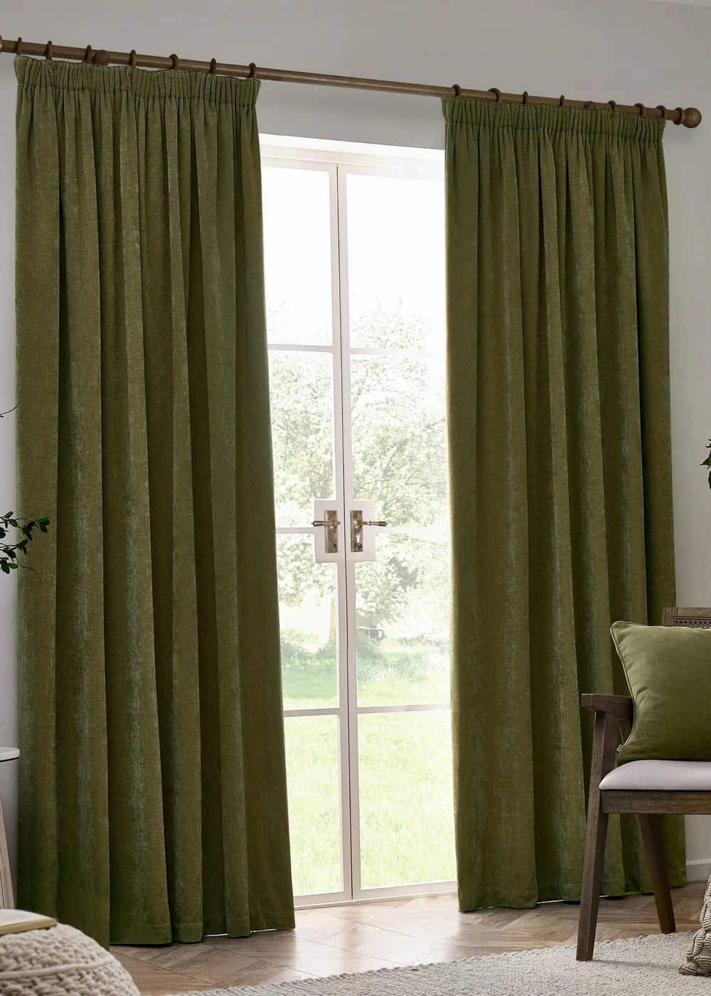 Yard Heavy Chenille Blackout Olive Pencil Pleat Curtain Pair - 46W X 54D (117x137cm Image 2