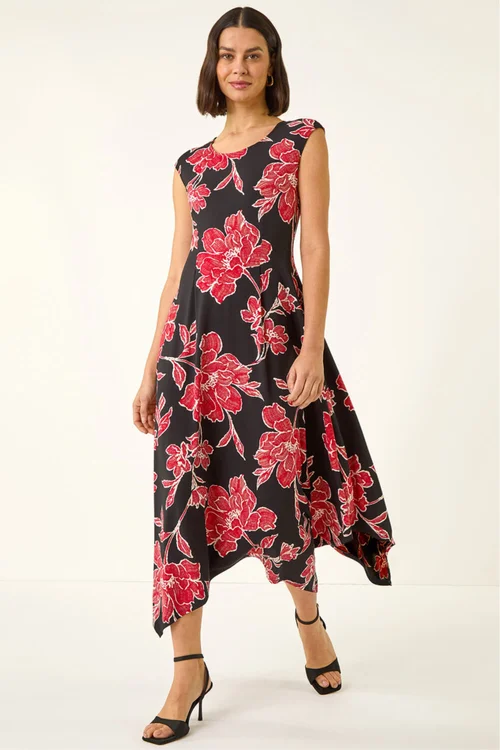 Roman Black Floral Print Stretch Midi Dress - 20 Image 1