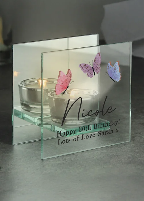Personalised Memento Company Butterfly Mirrored Tealight Holder Floral - One Size Image 2