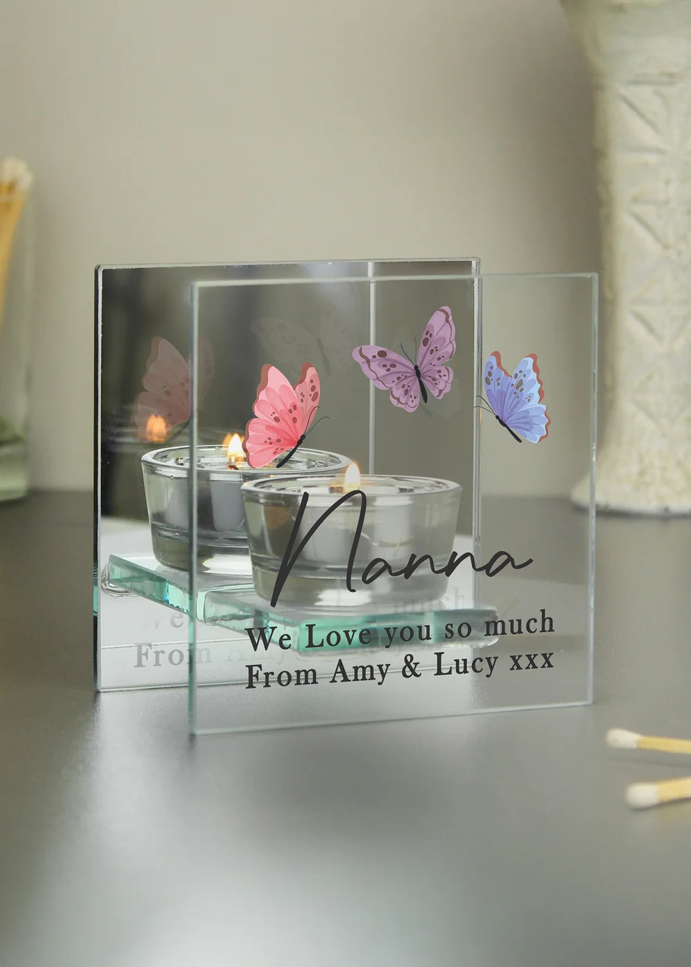 Personalised Memento Company Butterfly Mirrored Tealight Holder Floral - One Size Image 1
