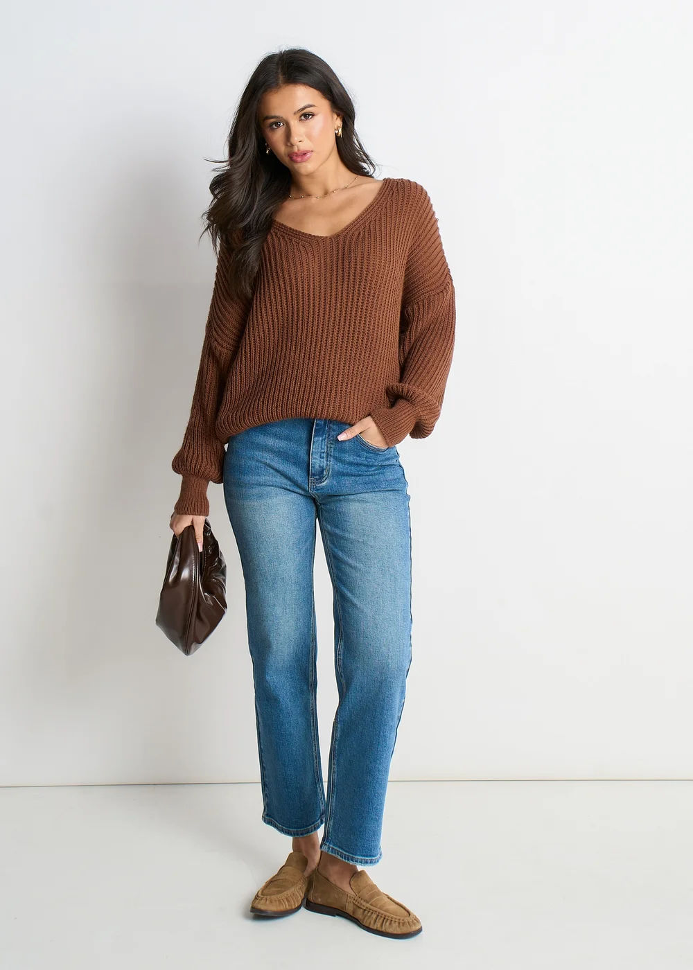 Gini London Brown Chunky Knit Oversized Jumper - L/XL Image 1