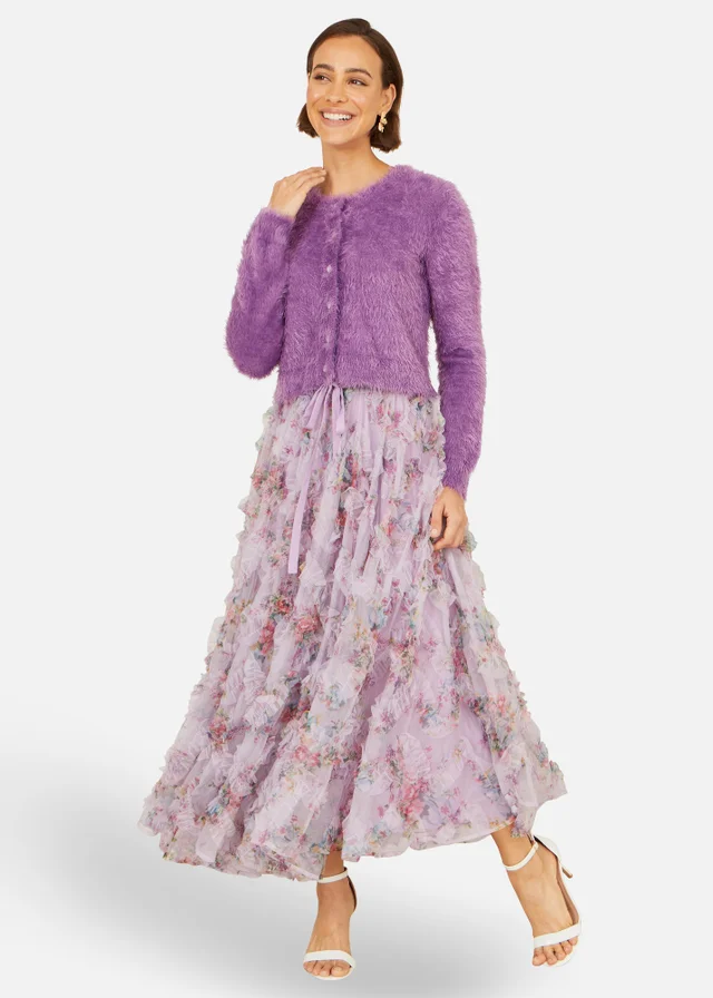 Yumi Lavender Eyelash Knit Cropped Cardigan