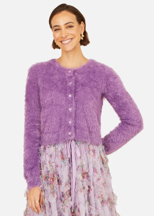 Yumi Lavender Eyelash Knit Cropped Cardigan