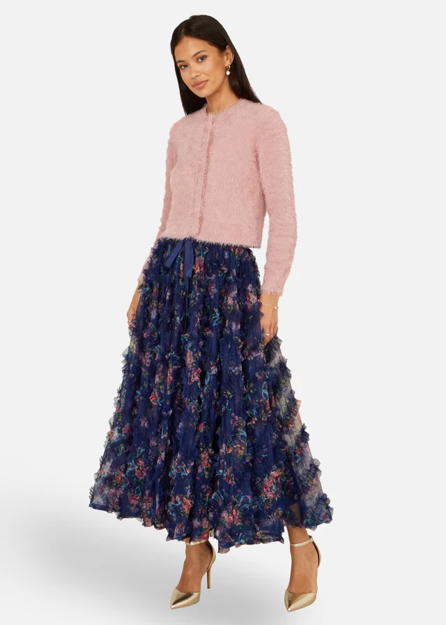 Yumi Pink Eyelash Knit Cropped Cardigan