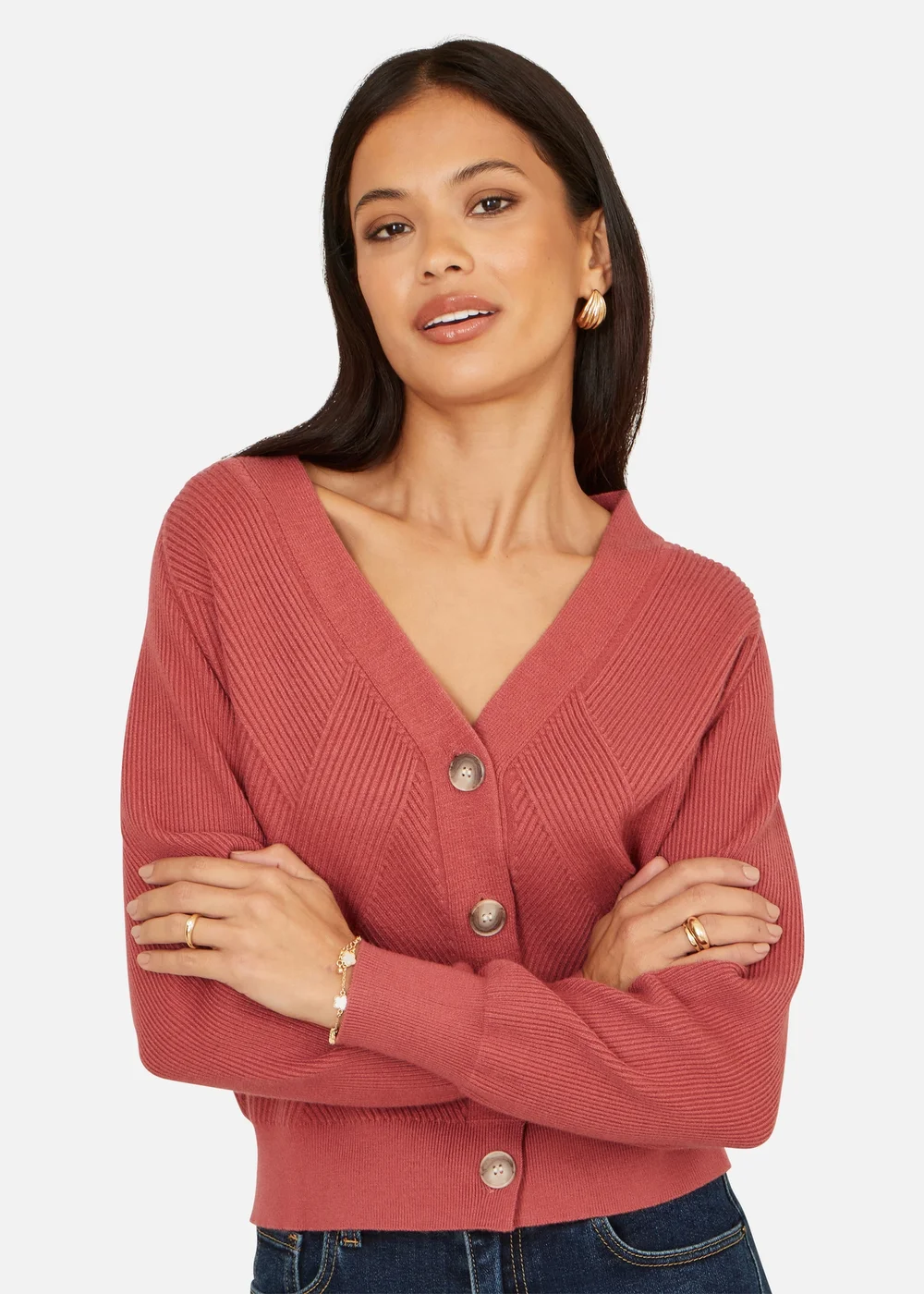 Yumi Rose Pink Relaxed Fit Cardigan With Stitch Detail - L Image 1