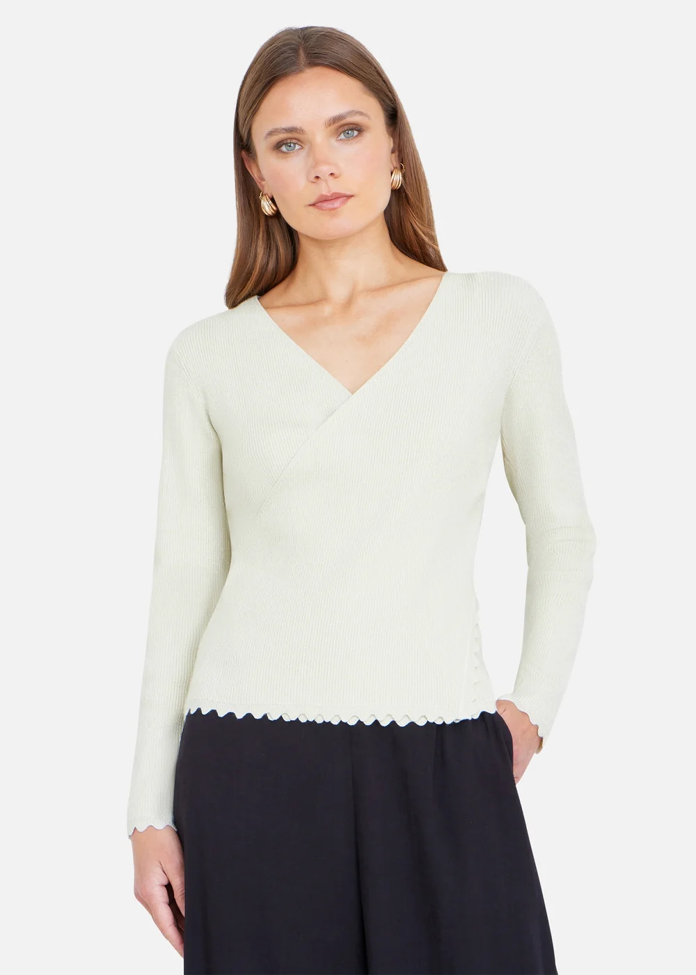 Yumi Ivory Metallic Thread Rib Wrap Knitted Top - M Image 1