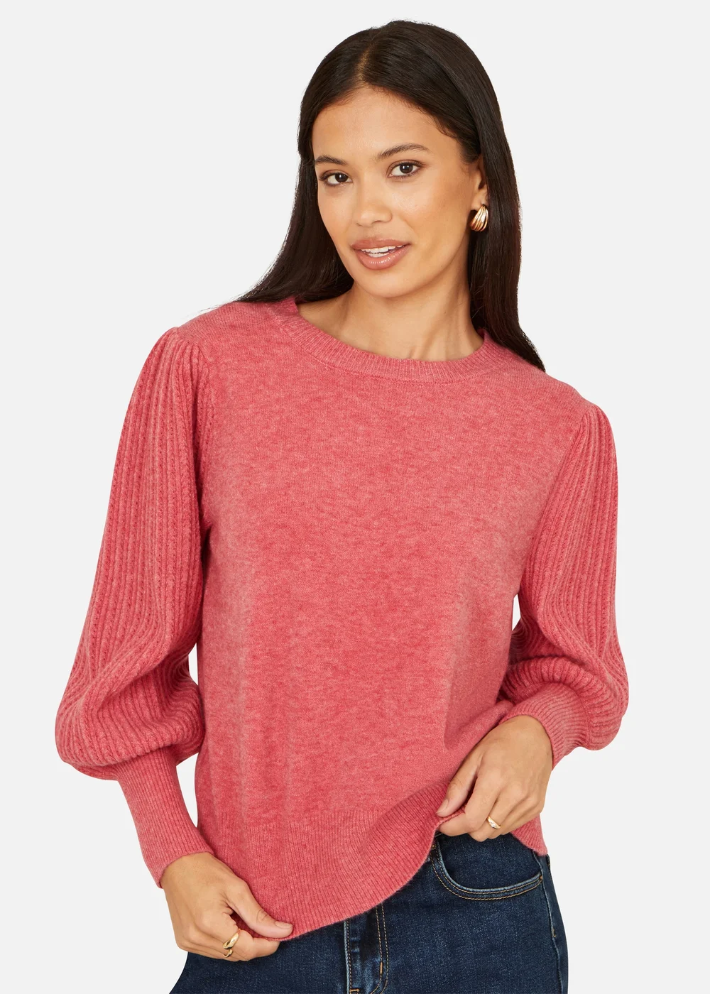 Yumi Pink Knitted Balloon Sleeve Jumper - M Image 3