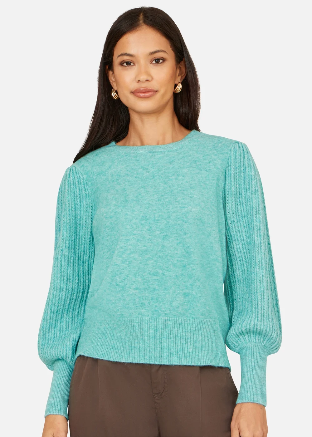 Yumi Sea Green Knitted Balloon Sleeve TextuSea Green Jumper - M Image 3