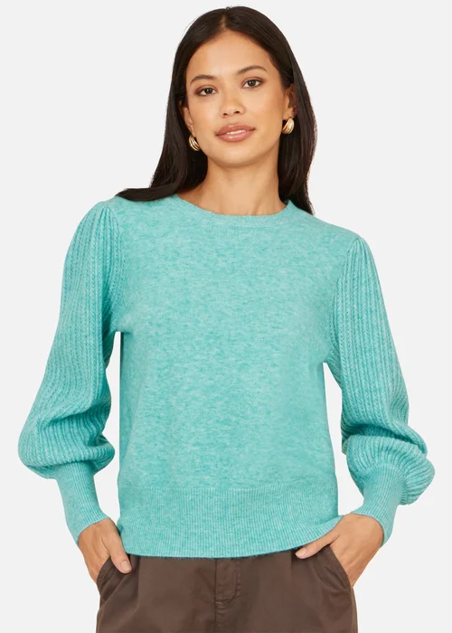 Yumi Sea Green Knitted Balloon Sleeve TextuSea Green Jumper - M Image 1