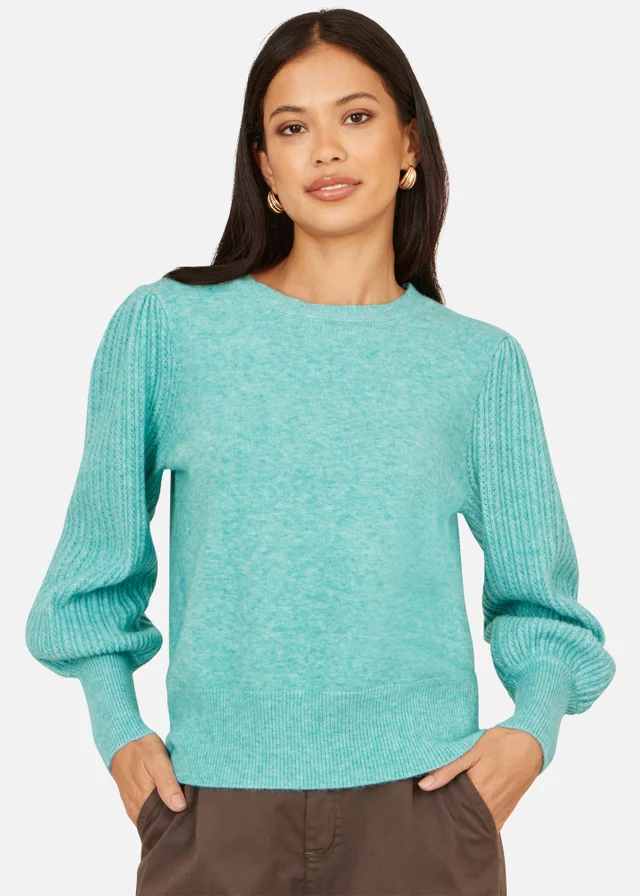 Yumi Sea Green Knitted Balloon Sleeve TextuSea Green Jumper